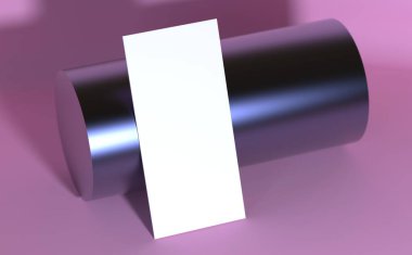 Pembe moda modeli. Güzellik endüstrisi için 3D tasvirler. Soyut ortamda metalik silindir üzerine beyaz kart. Kağıt sayfa listesini temizle. Gerçekçi ışıklandırmayla modern tasarım görselleştirme.