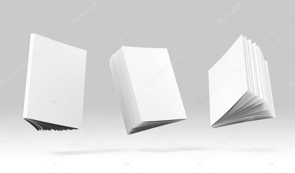 Book cover mockup. 3d illustration. Clear notepad with realistic light and shadow. Face and back side view. Sketchpad empty template. Blank paper note. Three model of journal studio render.