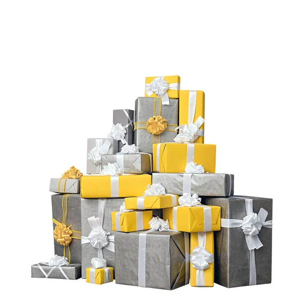 Σωρός από κίτρινο και γκρι χριστουγεννιάτικα δώρα, απομονώνονται σε λευκό — Φωτογραφία Αρχείου