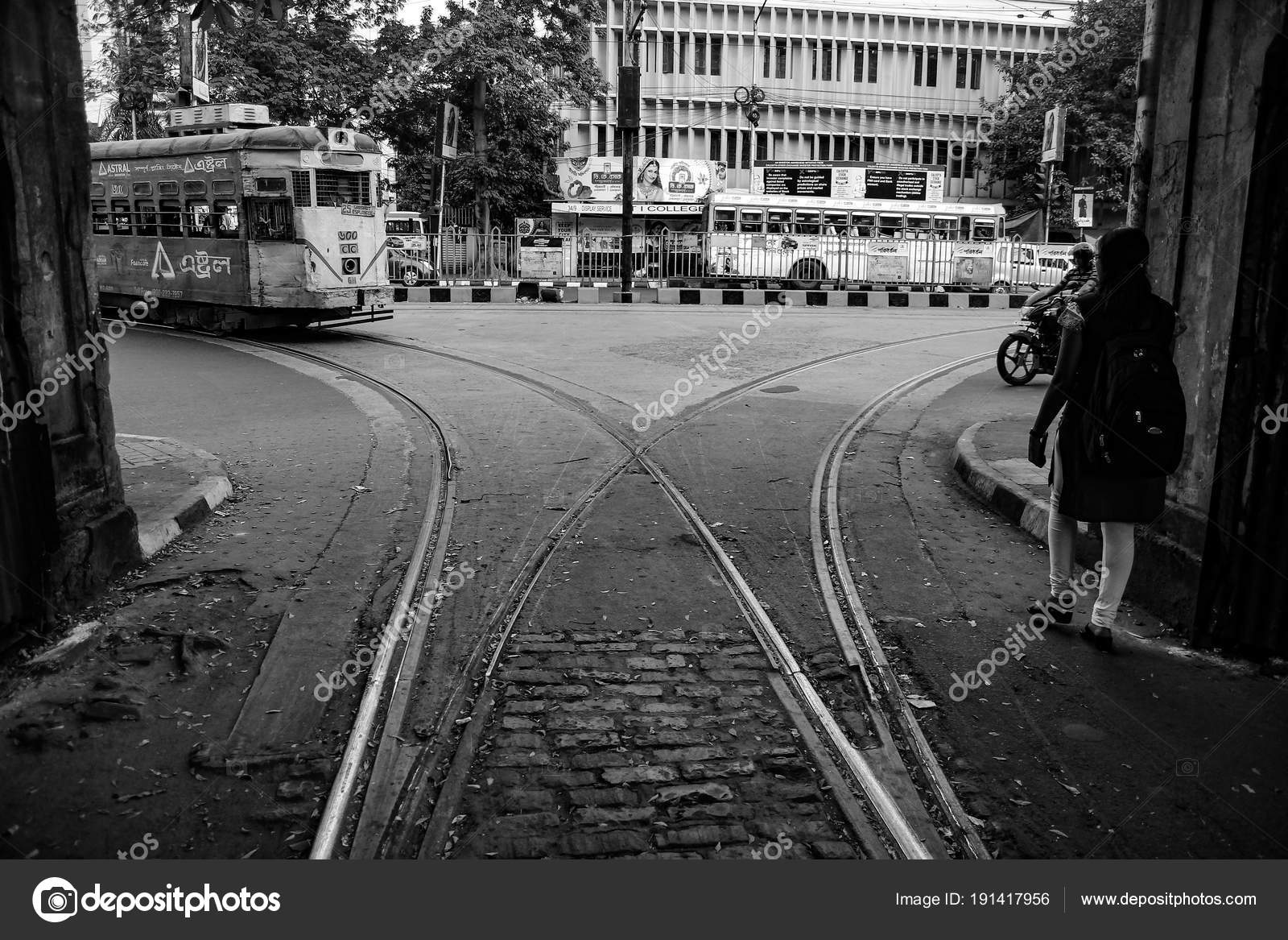 Tram approaching in a tram track junction depot in street of kolkata black and white kolkata india 2017 photo by shibu7213 gmail com