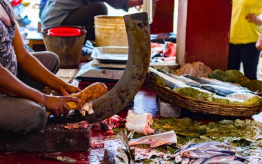 kolkata hint balık pazarında ahşap bir kütük yardımı ile ayakta bir bıçak boti balık kesme balıkçı