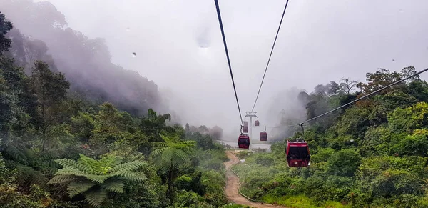 Teleférico en las tierras altas de genting, Malasia en un tiempo nebuloso con hierba verde visible desde el interior teleférico — Foto de Stock