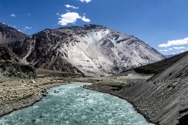 vivid landscape showing origin of a river at the base of a glacier with deep blue sky and snow capped barren himalayas of leh, kashmir, India