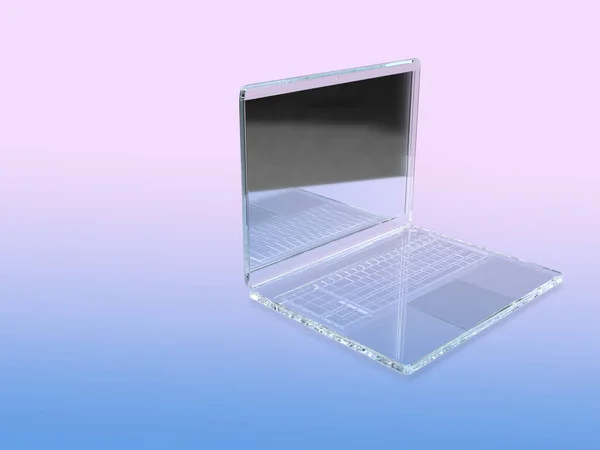 Um laptop corpo de vidro transparente em fundo gradiente colorido com espaço para texto. imagem conceito 3d futurista. ilustração digital 3d — Fotografia de Stock