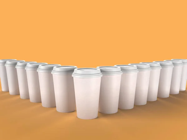 Dreieckige Reihe leerer weißer Kaffeetassen-Attrappe 3d gerendertes Bild auf gelbem Hintergrund — Stockfoto