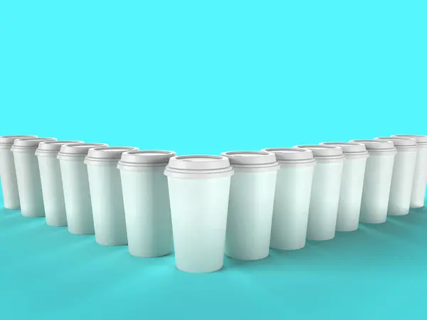 Fila triangular de la taza de café blanco en blanco maqueta 3d renderizado imagen en el fondo cian —  Fotos de Stock