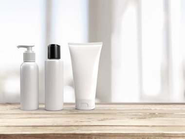 3 boyutlu boş beyaz makyaj malzemesi. Pompa kapağı kapağı şişesi, kapak kapağı ve ahşap tabanlı sıkıştırma tüpü.