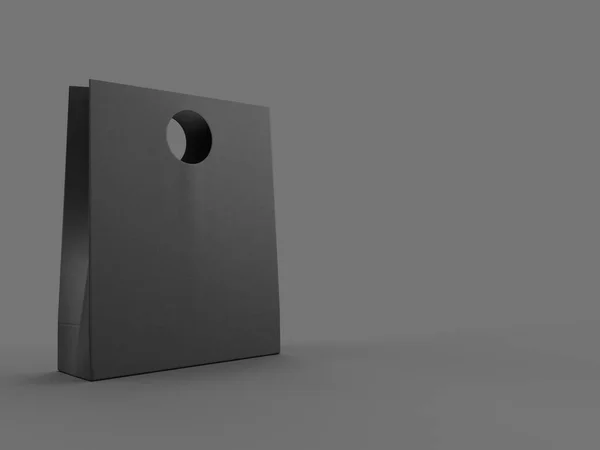 Un negro mate mockup bolsa de compras en un fondo gris.3d ilustración renderizado. espacio de copia para texto — Foto de Stock