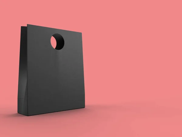 Pembe arka planda siyah bir alışveriş çantası modeli. 3d oluşturulmuş illüstrasyon. Metin için alanı kopyala