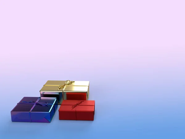 Glänzend verpackte und schnurgebundene Geschenkboxen in glänzend goldenen, glänzenden Regenbogen und mattroter Verpackung mit Platz für Text.3d gerendert — Stockfoto