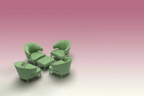 Renderização 3d de couro verde revestido sofá único de frente para o outro com mesa central em fundo gradiente rosa. Conceito de encontro com espaço para texto — Fotografia de Stock