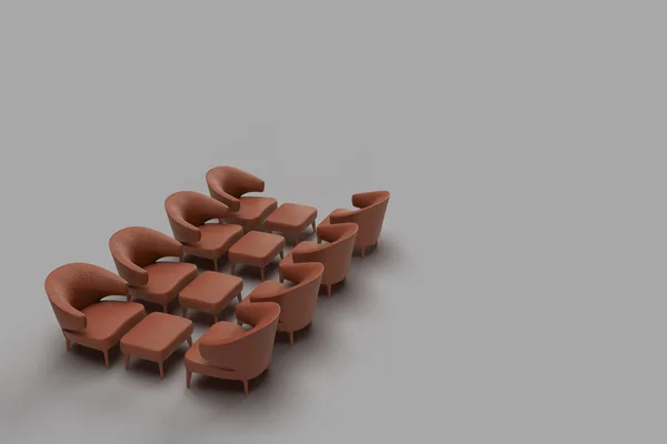 3D-Rendering von vier Gruppe von braunen Einzelsessel-Sofa angeordnet gegeneinander mit Mitteltisch in solidem grauen Hintergrund mit Platz für Text — Stockfoto