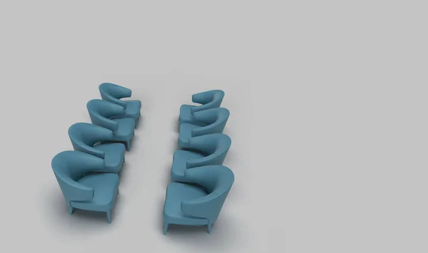 3D-Rendering von vier Einzelsessel-Sofas aus Cyan, die sich gegenüberliegend in einem soliden grauen Hintergrund mit Platz für Text.Meeting-Konzept arrangiert haben — Stockfoto