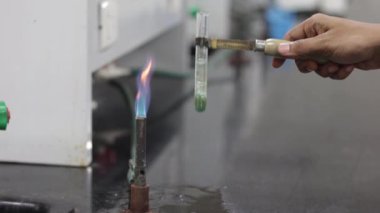 Test tüpünde mavi bir kimyasalın yeşil renge dönüşmesi sırasında sıvı dökülmesi. Kimya laboratuvarında olumlu kutsama testi
