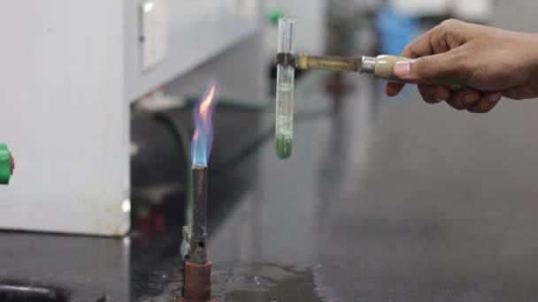 Spilling of liquid while heating of a blue chemical in a test tube turning to green color. Positive benedicts test in chemistry lab — Stock Video