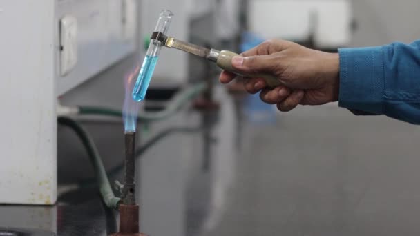 Calentamiento de una sustancia química azul en un tubo de ensayo sobre una llama de quemador azul — Vídeo de stock