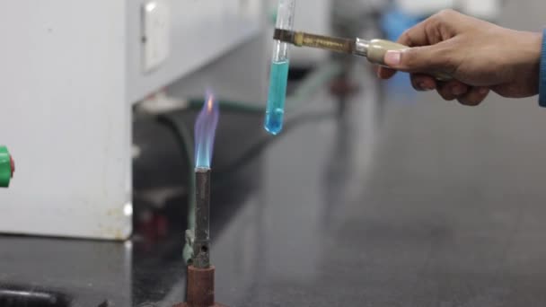 Erhitzen einer blauen Chemikalie in einem Reagenzglas, das sich in grüne Farbe verwandelt. Positiver Segenstest im Chemielabor — Stockvideo