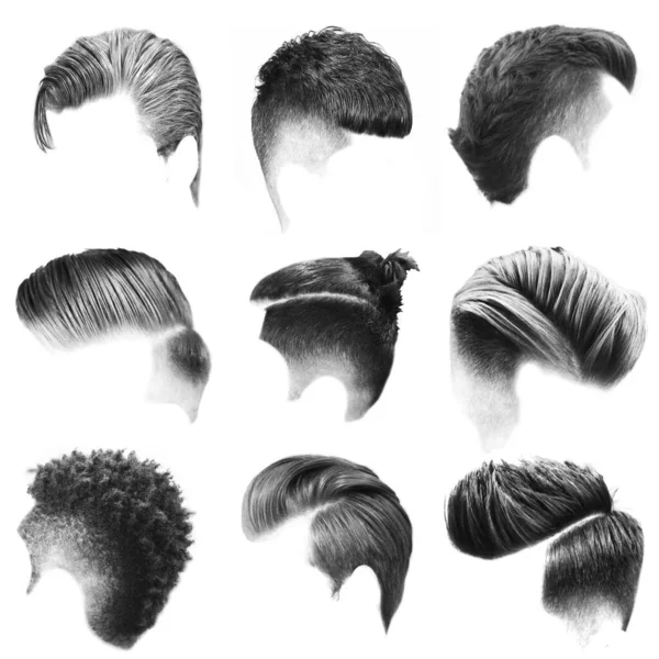 Colagem de diferentes homens estilo de cabelo cor mockup ilustração para a beleza e estilo conceito produto. textura de cabelo de cor preta — Fotografia de Stock