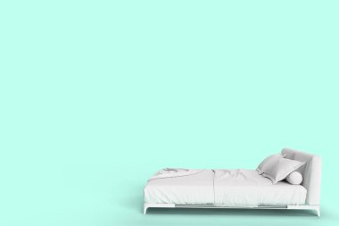 Beyaz yastık kılıfı, beyaz yatak örtüsü ve beyaz yatak örtüsü ve pastel cyan arka planlı bir battaniye..