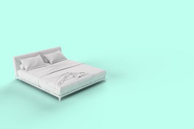 Beyaz yastık kılıfı, beyaz yatak örtüsü ve beyaz yatak örtüsü ve pastel cyan arka planı olan battaniye ile üç boyutlu kenar açı görüntüsü oluştur..