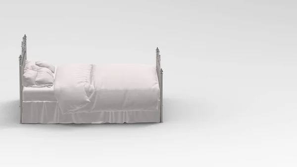 3D-Darstellung der Seitenansicht eines schmiedeeisernen Stahlbettes mit weißen Kissenbezügen Bettlaken-Matratze und Bettdecke vor weißem Hintergrund für Produkt-Attrappen — Stockfoto