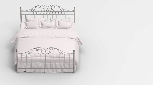 白い枕カバーベッドシーツマットレスと製品のモックアップのための白い背景にキルトと錬鉄製のベッドの端のビューの3Dレンダリング — ストック写真