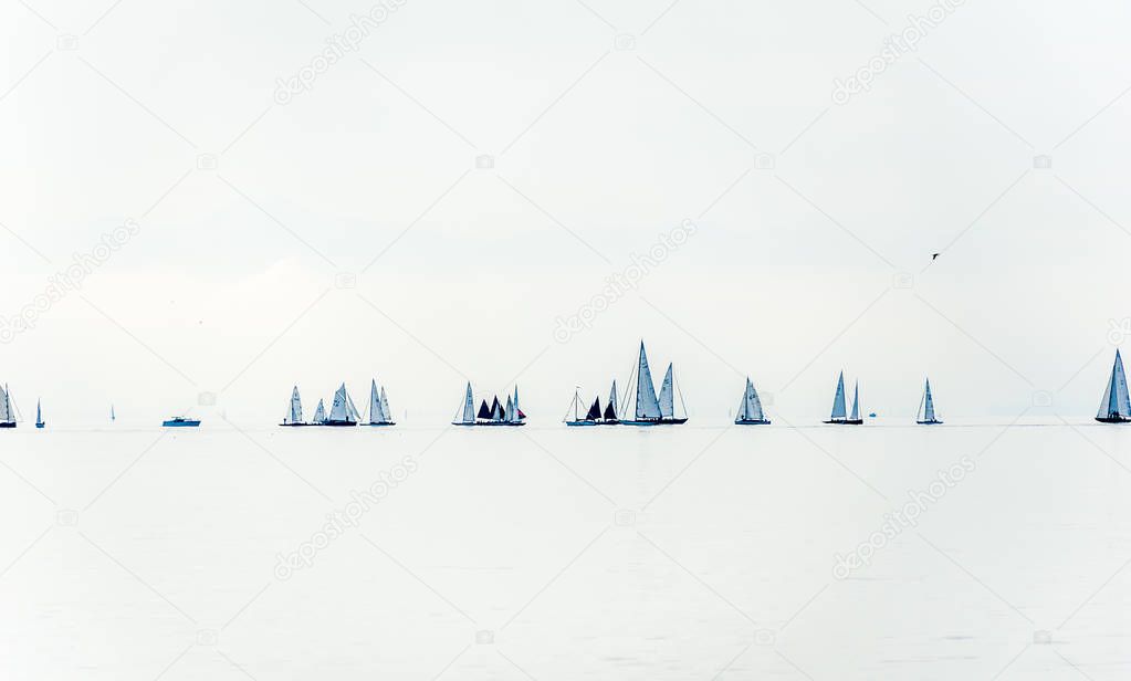 A regatta fleet is waiting for wind