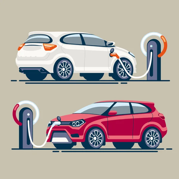 Two Electric Cars Gas Station Charged Electricity Electric Cable Connector Royalty Free Stock Vectors