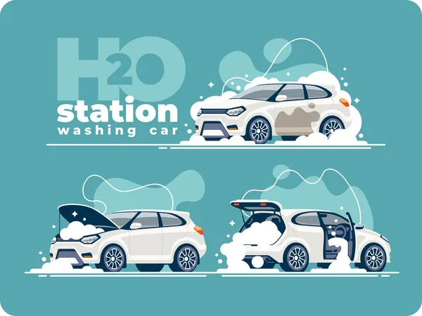 Πολύ Διεξοδικό Πλύσιμο Του Αυτοκινήτου Αφρό Στο Σταθμό Πλυσίματος Καθαρισμός — Διανυσματικό Αρχείο