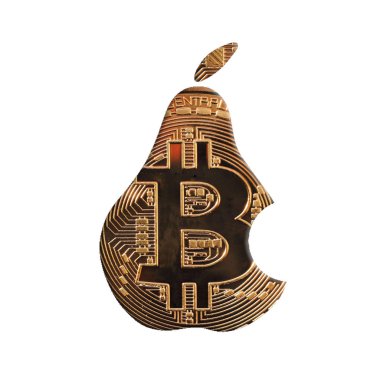 Altın bitcoin bir ısırık armut şeklinde. İzole beyaz arka plan. Mayerized Kripto para birimi. Bordro Internet üzerinden. Ekonomik kalkınma. Tanrı'nın sembolleri birleşimi. Modern Ekonomi.