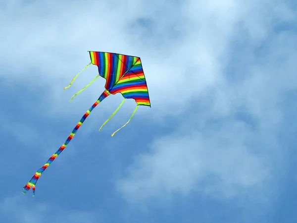 青空に虹色のカイトが置かれています うれしそうな子供のおもちゃ からりと晴れた気分 夢が飛ぶ 空に飛ぶ 子供の成長 野外活動 アクティブなライフ スタイル Copyspace — ストック写真