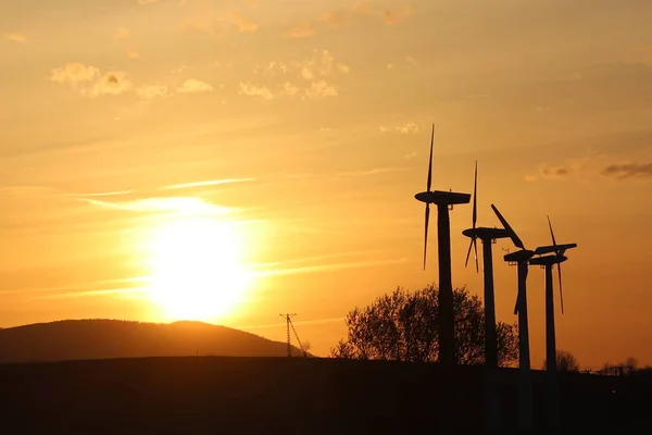 Elektrownia Wiatrowa Zachodzie Słońca Romantyczny Wieczór Nowoczesne Technologie Ekologicznie Czystej — Zdjęcie stockowe