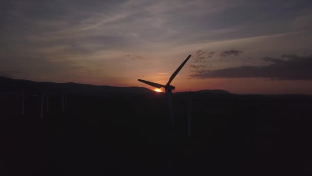 Elektrownia Wiatrowa Zachodzie Słońca Romantyczny Wieczór Nowoczesne Technologie Ekologicznie Czystej — Wideo stockowe