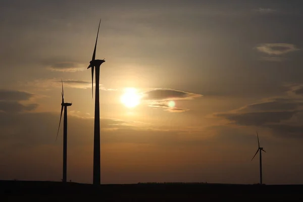 Elektrownia Wiatrowa Zachodzie Słońca Romantyczny Wieczór Nowoczesne Technologie Ekologicznie Czystej — Zdjęcie stockowe