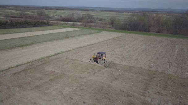 Agricultor Tractor Con Una Sembradora Siembra Grano Tierra Arada Campo — Vídeos de Stock