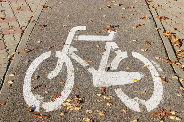 O sinal é um caminho de bicicleta polvilhado com folhas caídas no outono. Marcas de estrada no pavimento da calçada para separar o movimento. Ciclistas de segurança no trânsito. Infra-estruturas — Fotografia de Stock