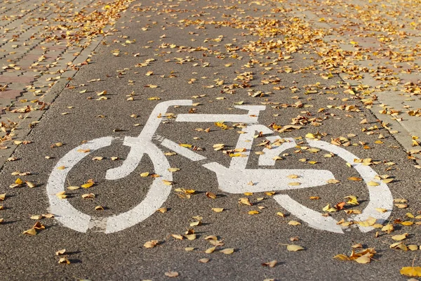 O sinal é um caminho de bicicleta polvilhado com folhas caídas no outono. Marcas de estrada no pavimento da calçada para separar o movimento. Ciclistas de segurança no trânsito. Infra-estruturas — Fotografia de Stock