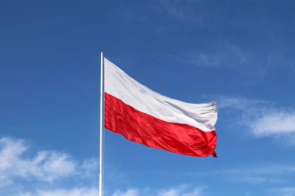 Vízszintes fehér-piros zászló a zászlórúd, fejlődik a szél ellen, a kék ég, könnyű felhők. A lengyel állam jelképe — Stock Fotó