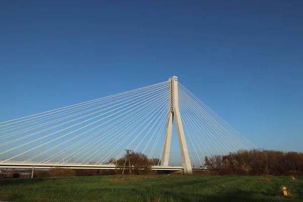 Rzeszow, Poland - 9 9 9 2018: Suspended road bridge across the Wislok River. Технологическая структура металлоконструкции. Современная архитектура. Белый крест на синем фоне - символ города — стоковое фото