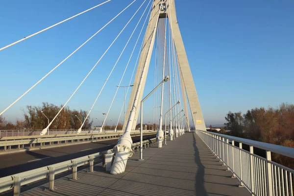 Rzeszow, Poland - 9 9 9 2018: Suspended road bridge across the Wislok River. Технологическая структура металлоконструкции. Современная архитектура. Белый крест на синем фоне - символ города — стоковое фото