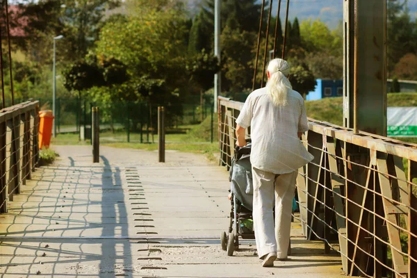 Un anciano con pelo largo, gris y atlético camina con un niño en un cochecito sobre un puente. Actividad en la vejez. Lecciones para que los abuelos cuiden a sus hijos. Jubilosa vejez con nietos —  Fotos de Stock