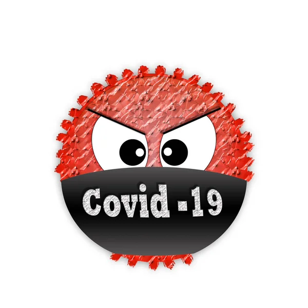 Χαμόγελο κακό κόκκινο coronovirus με ένα πειρατικό δεμένα μάτια. Ανακοίνωση στο Διαδίκτυο και στα κοινωνικά δίκτυα για την επιδημία. Συναίσθημα πανδημίας του κορωνοϊού. Πρόληψη της λοίμωξης από sars-covid-19 — Φωτογραφία Αρχείου