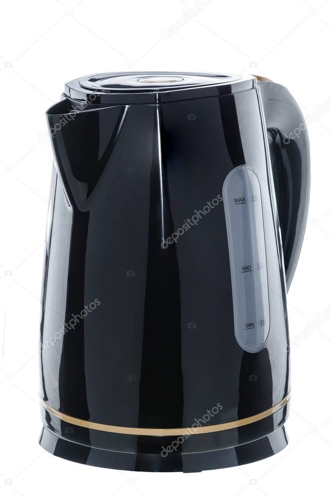 black palstic kettle on white background