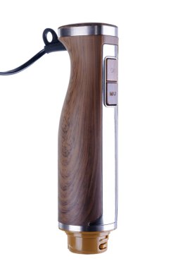 Beyaz arka plan üzerinde izole ahşap El blender'ı