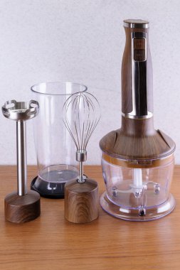 Ahşap El blender ile aksesuar ahşap ve mermer backgrou