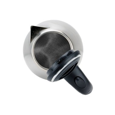 Beyaz arka planda izole edilmiş paslanmaz çelik çaydanlık.