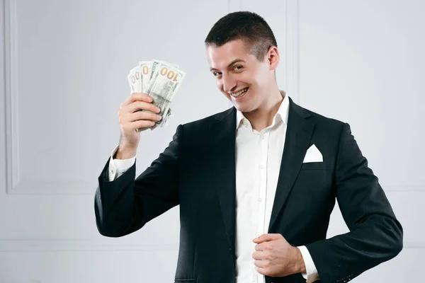 Portrait Funny Man Suit Holding Money Won Lottery — Stock Photo, Image