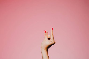 Pembe arka planda izole edilmiş, parlak manikürlü küçük beden jestli kadın elleri.