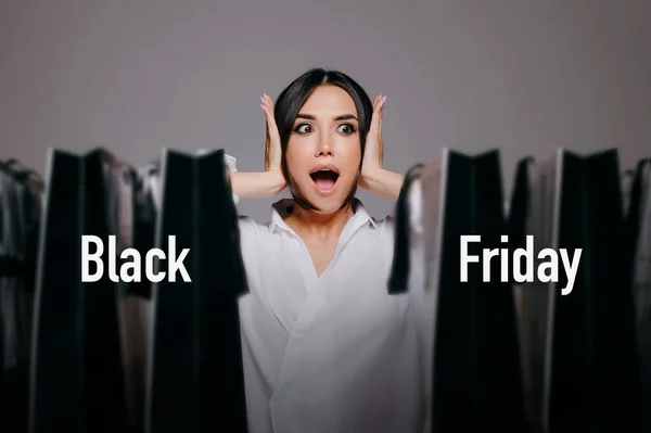 Girl Hands Her Head Excited Her Black Friday Shopping Lots — Stock Photo, Image