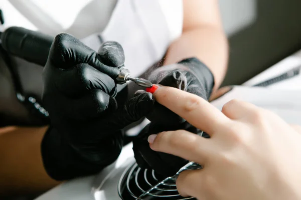 Closeup Hardware Manicure Beauty Salon Manicurist Using Electric Nail File — Stock Photo, Image